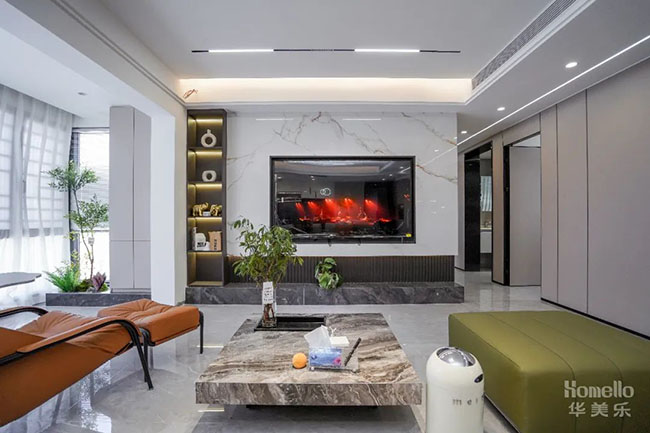 120㎡現(xiàn)代三居室，開放式廚房加島臺設計，這樣的橫廳布局真的很美好